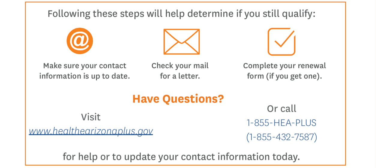 Following these steps will help determine if you still qualify: Make sure your contact information is up to date, Check your mail for a letter, Complete your renewal form (if you get one). Have Questions? Visit  www.healthearizonaplus.gov or call 1-855-HEA-PLUS(1-855-432-7587) for help or to update your contact information today.